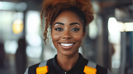Smiling technician with a confident look. She's dressed in workwear, possibly in an industrial or mechanical setting, radiating positivity.