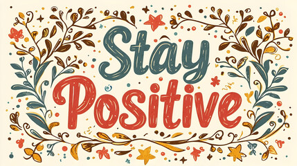 Obraz premium Floral Stay Positive Quote, Motivational Design, Cream Background, Social Media Post