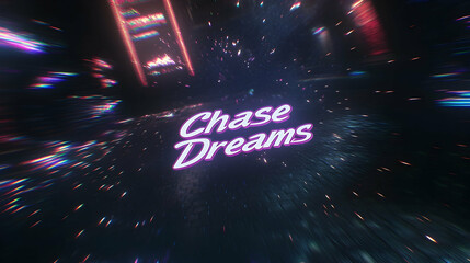 Retro, vibrant chase dreams graphic, city lights blur in background.  Possible use motivational poster