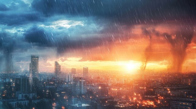 Apocalyptic Cityscape: A Dramatic Sunset with Tornados and Rain