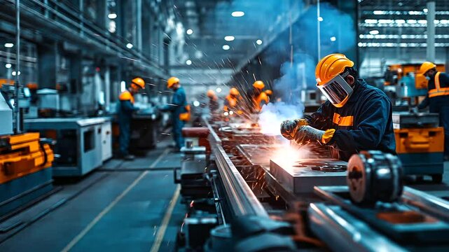 A spacious metalworking workshop filled with rows of industrial lathes, milling machines, and welding stations, with workers in safety gear meticulously shaping metal parts.