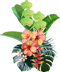 Obraz premium Bouquet of tropical flowers. Hibiscus, orchid, paradise flowers. exotic, tropical