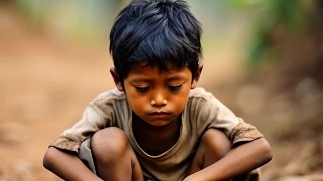 Hungry, starving, poor little child looking at the camera	