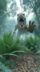 Selbstklebende Fototapeten Ein bedrohlicher Dinosaurier in nebligem Wald jagt eine verängstigende Hand.   © Cedric