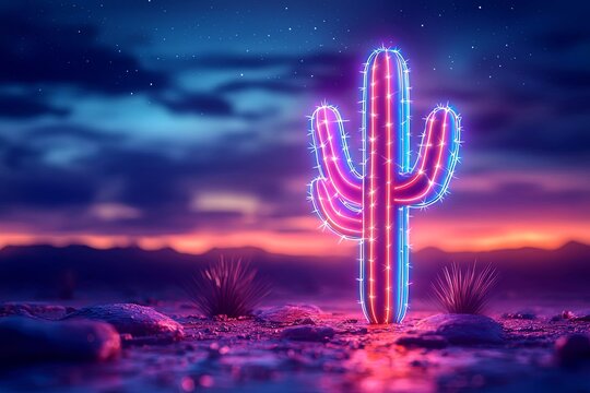 Neon cactus with glowing outline, desert at night theme.