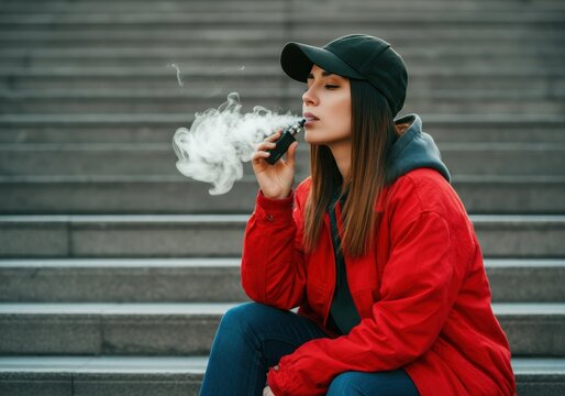 Young woman vaping while sitting on outdoor steps, showcasing a relaxed vibe