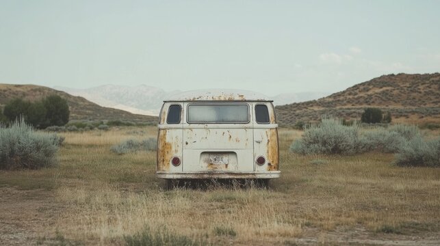 Rusty vintage bus in a field, scenic landscape, outdoor shot.  Possible use for travel posters, vintage car magazines, or nature photography books