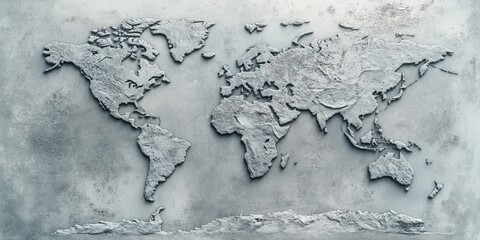 A captivating mosaic of layered gray concrete forms an intricate world map, each tier diminishing in size, creating a textured and dimensional portrayal of global geography