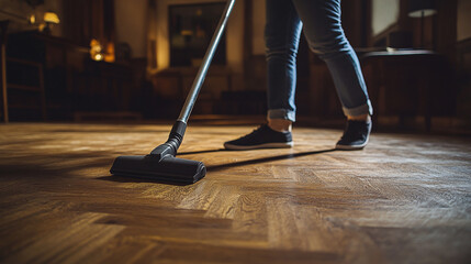 Fototapeta premium Maintaining a clean home with regular floor cleaning is good for health and creating a hygienic environment. Effortlessly remove dust and dirt from your floors.