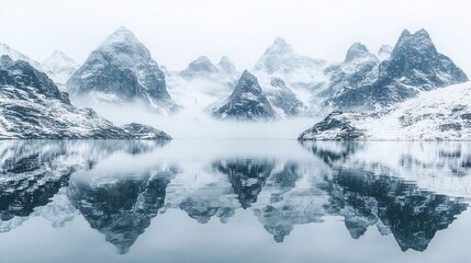 Obraz premium Misty fjord, snow-capped peaks reflected in calm water; winter landscape, travel