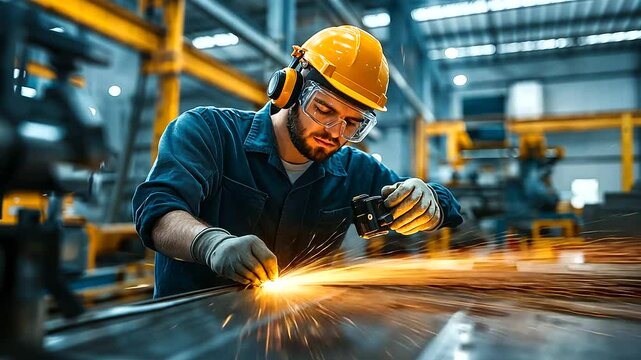 A metalworking workshop filled with modern equipment, with workers wearing ear protection and goggles, controlling CNC machines that carve patterns into sheets of metal.