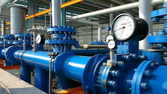 A complex network of blue industrial pipes and massive steel valves in a modern water treatment plant, with pressure gauges and control panels ensuring smooth operation.