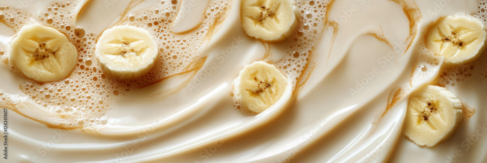 Aufkleber sliced bananas floating in hazelnut milk creating creamy wave patterns