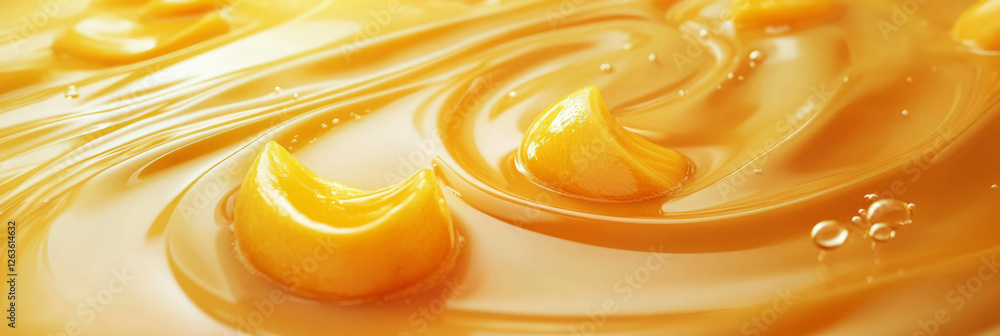 Aufkleber hazelnut milk swirls with mango slices creating vibrant patterns in a creamy mix