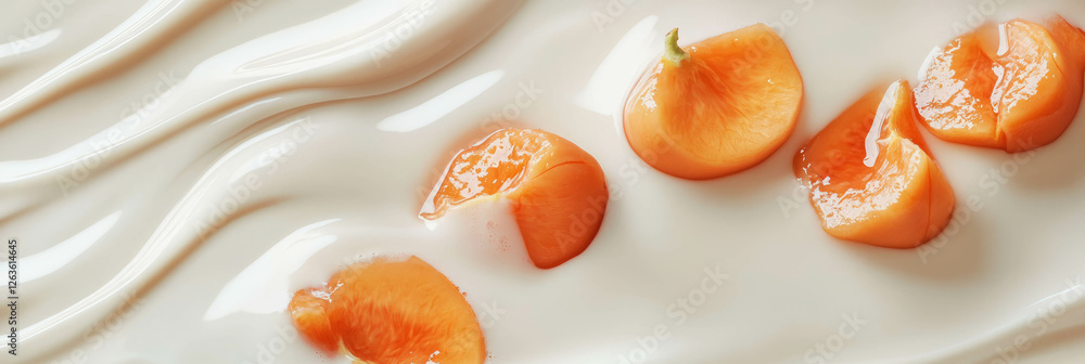 Poster merging waves of hazelnut milk and sliced persimmon create a unique visual experience