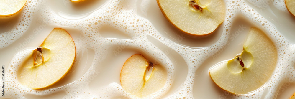 Poster hazelnut milk with apple slices creating ripples in a smooth blend of textures