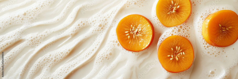 Poster hazelnut milk with persimmons creating soothing wave patterns in a subtle background