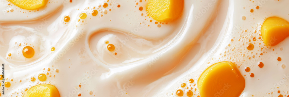Poster swirling hazelnut milk combined with mango slices forms a captivating visual backdrop