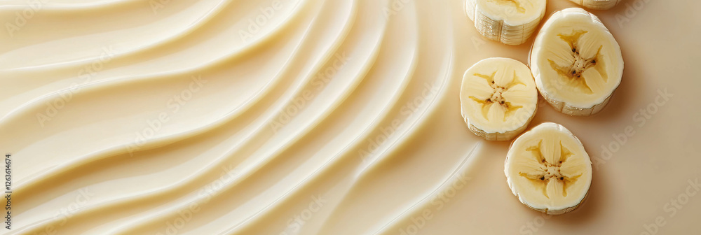Poster rippling hazelnut milk with sliced banana creating a smooth texture