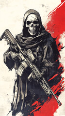 Graphic Illustration of a Hooded Figure Holding a Rifle in a Bold, Stylized Composition with Military and Tactical Themes in a Dramatic Art Style
