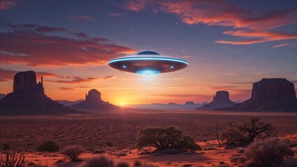 A sleek UFO hovers silently above the desert mesas at sunset, creating an otherworldly spectacle.