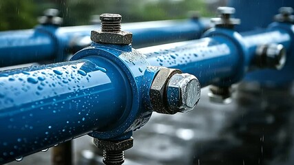 A close-up of a blue industrial piping system, showing powerful metal clamps securing the joints, with light reflecting off the wet surfaces of the high-pressure water pipes.