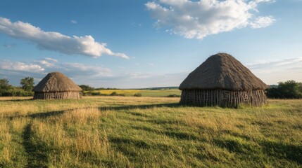 Fototapeta premium Traditional straw huts in a grassy field under a partly cloudy sky. Rural landscape. Possible use Stock photo for travel, nature, history, or rural life themes