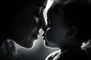 Fototapeta premium Black and white silhouette of mother and baby touching noses
