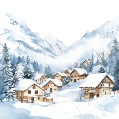 Fototapeta premium Snowy mountain village under a clear sky with quaint wooden houses and trees in winter. Generative AI