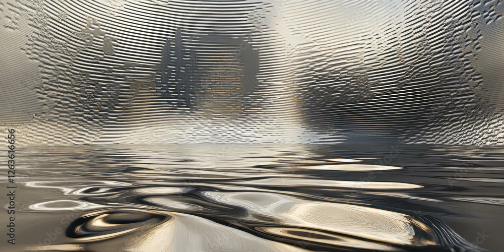 Poster reflections and textures in mesh netting against smooth water at dawn