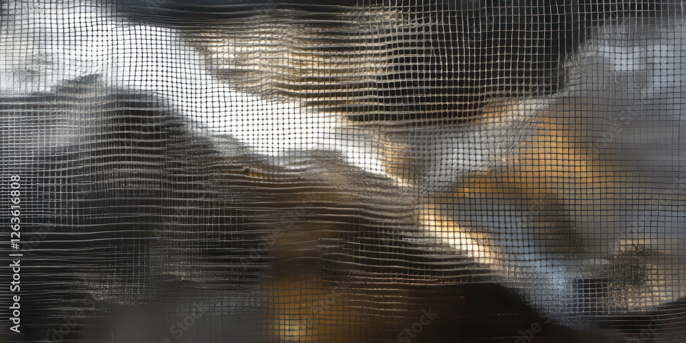 Poster reflection and texture of mesh netting with corrugated steel and sheen of oil in industrial setting