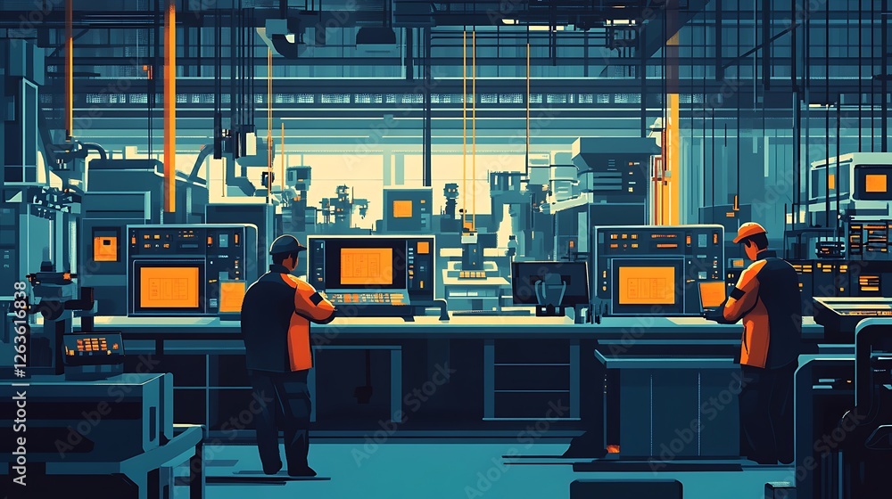 Poster two workers monitor computer screens in a futuristic factory setting.