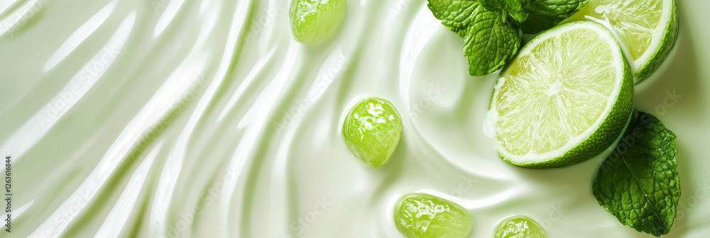 Poster mint green milk swirls with lime wedges and ripples in refreshing background setting