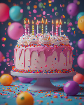 Birthday cacke with candles and ballons