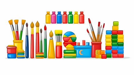Fototapeta premium Colorful art supplies and building blocks against white background for creative projects