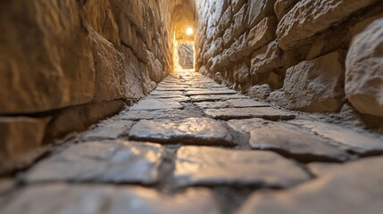 Stone passage, sunlight at end, ancient walls, historical site, travel