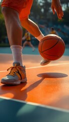 Naklejka premium Close-up of a basketball player dribbling on an outdoor court