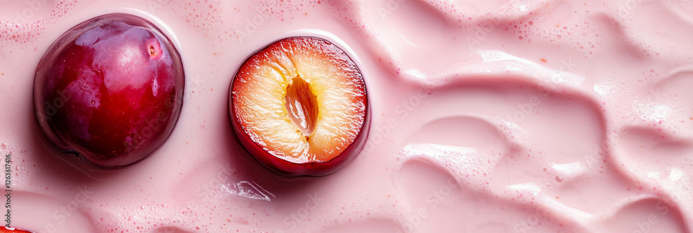 Poster oat milk and sliced plum create gentle ripples for a refreshing visual experience