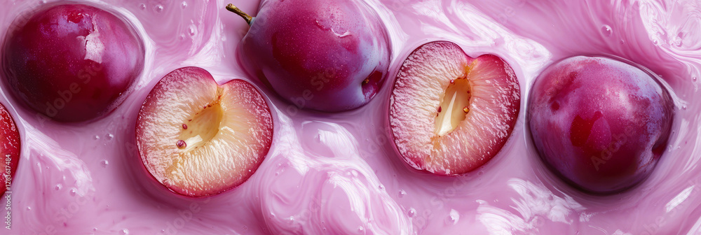 Poster creating subtle ripples with oat milk and sliced plum for a refreshing visual experience