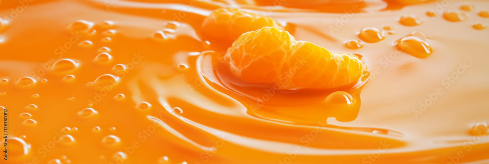 Poster vibrant orange milk with floating segments and ripples creating a refreshing backdrop