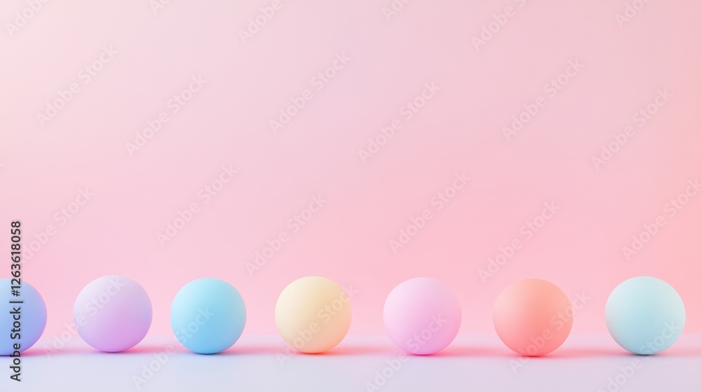 Fototapete Colorful pastel spheres arranged in a row on a soft surface with a gradient background during daylight. Generative AI