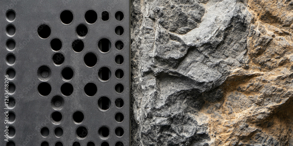 Poster textured combination of perforated rubber and rough stone surfaces in design setting