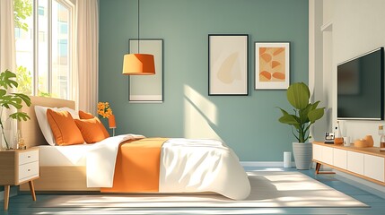 Sunny bedroom with orange accents, wood furniture, and large window.