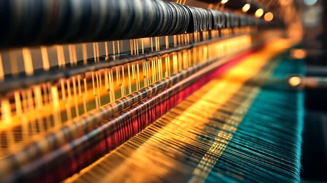 A close-up of a weaving machine, where golden, emerald, and crimson threads intertwine seamlessly, creating a mesmerizing fabric pattern under soft industrial lighting.