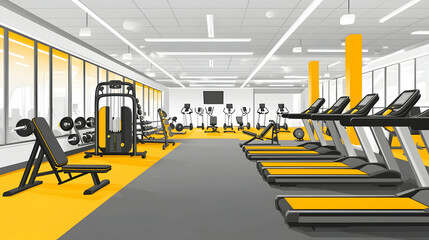 Modern gym interior with exercise equipment, city view in background. Use for fitness center design promotion