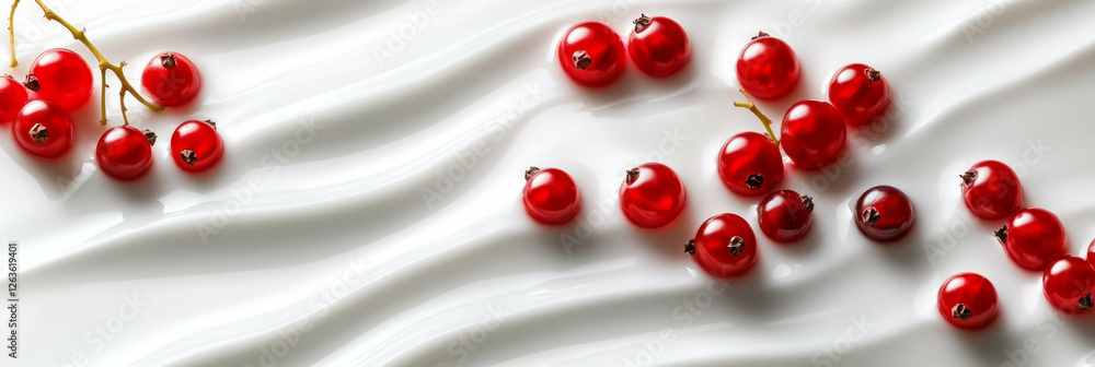 Poster delicate rice milk with red currant berries creating fine ripples on a smooth surface