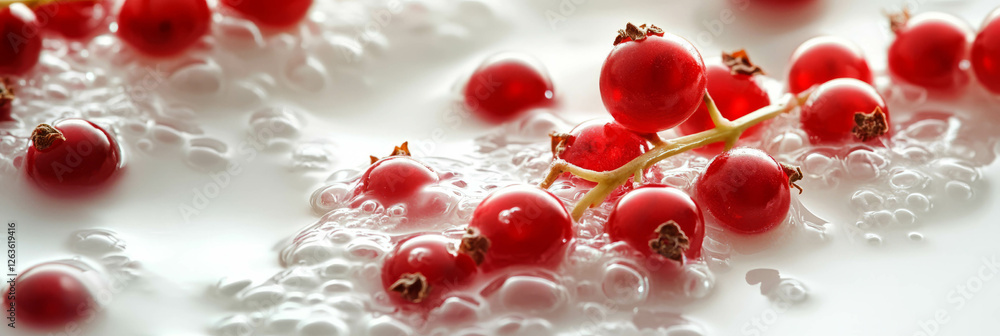 Poster reflections of red currant berries floating in smooth rice milk creating delicate surface ripples