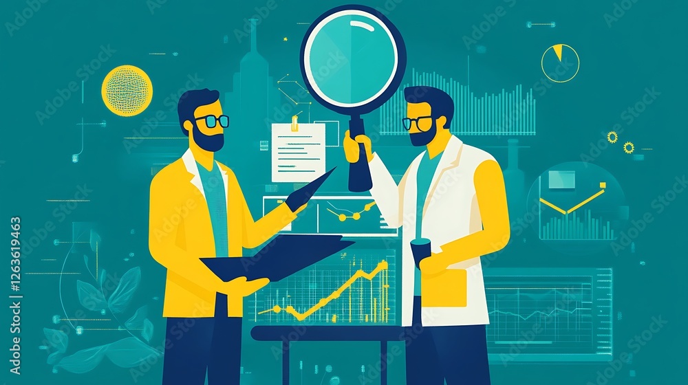 Poster two scientists analyze data using magnifying glass and charts, showcasing growth and research.