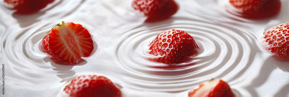 Poster ripples of rice milk and strawberry halves creating concentric patterns on a smooth surface