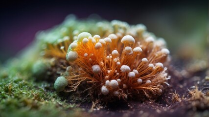 Obraz premium A delicate cluster of tiny mushrooms with white caps emerges from vibrant green moss.